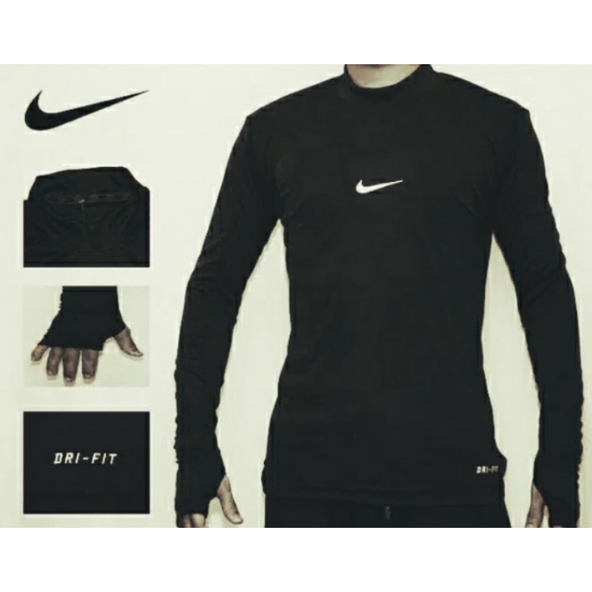 Manset Baselayer Baju Kaos Nike Olahraga Futsal Sepak Bola Football Lengan Panjang Hitam Pria Base Layer Sepeda