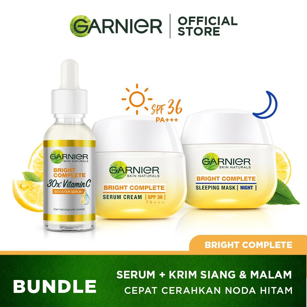 Garnier Bright Complete Vitamin C Serum 30ml + Day & Night Cream - Skincare Moisturizer Kulit Cerah