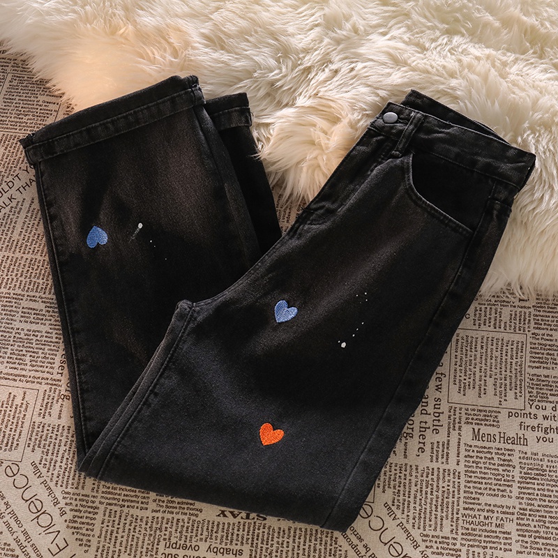 New hitam love embroidery high waist celana jeans panjang wanita