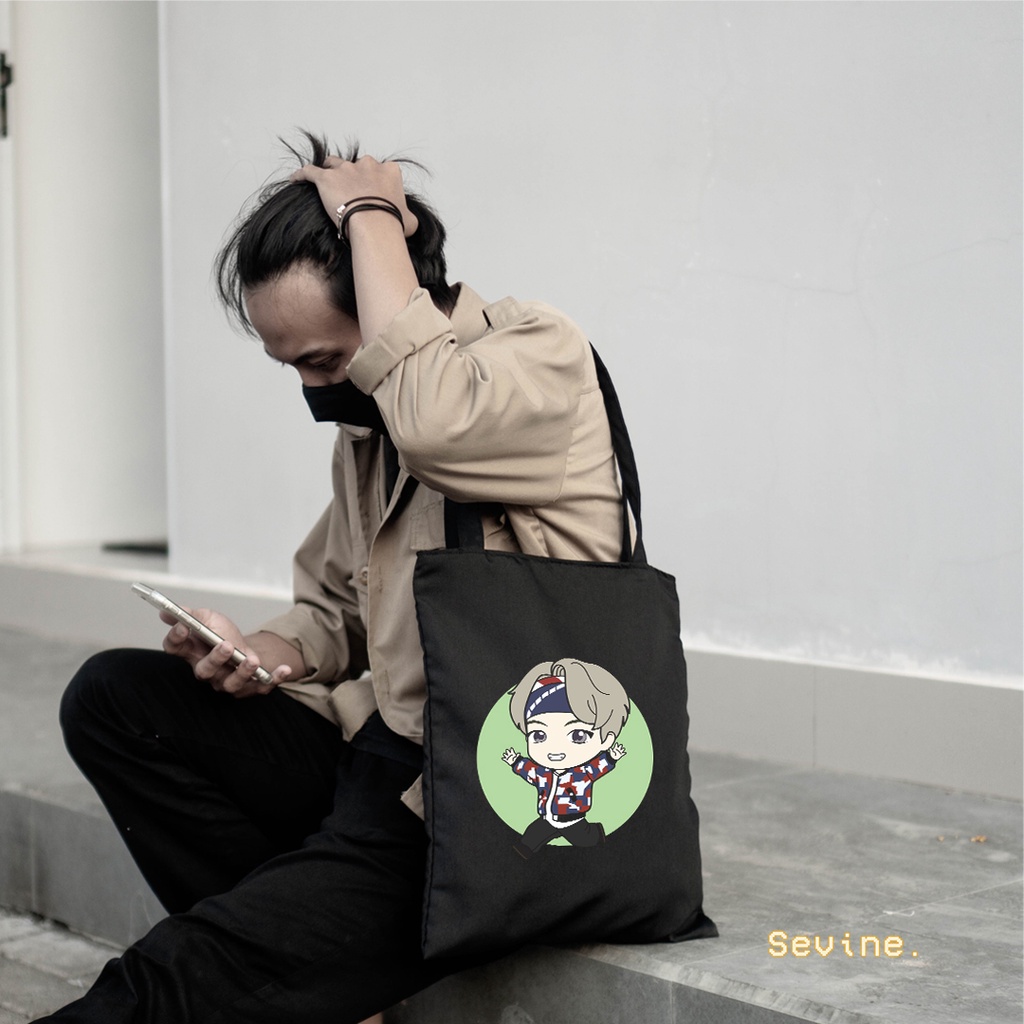 Sevine Totebag Tas Wanita Tote bag Resleting Cetak DTF Korean Style Black Series - CH4