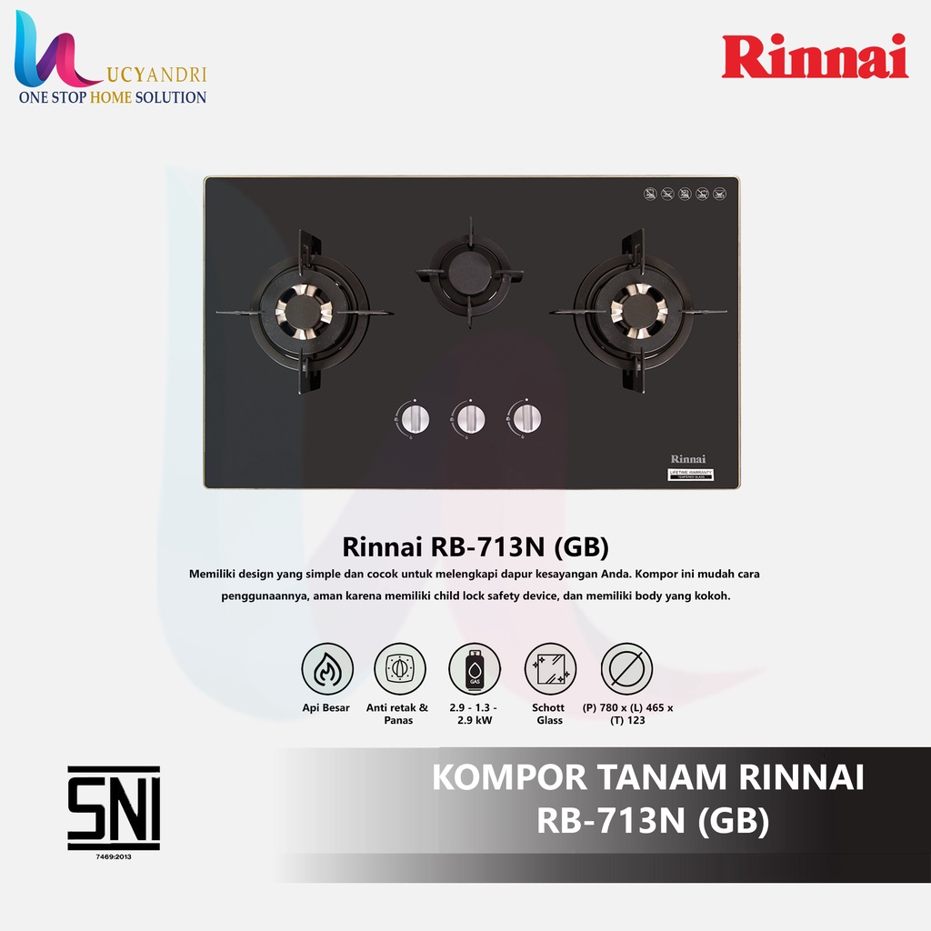 Kompor Tanam RINNAI RB-713N(GB) /RB 713NGB /RB 713 NGB ORIGINAL