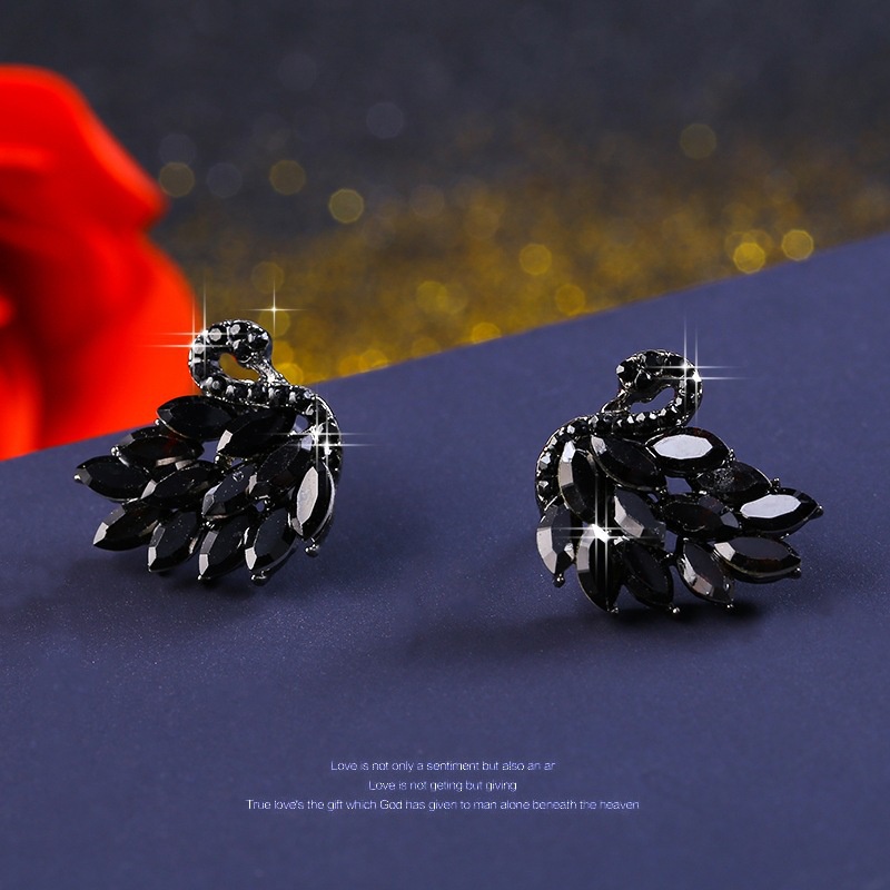 S925 sterling silver jarum gaya Korea elegan black swan stud anting-anting untuk wanita lucu kepriba