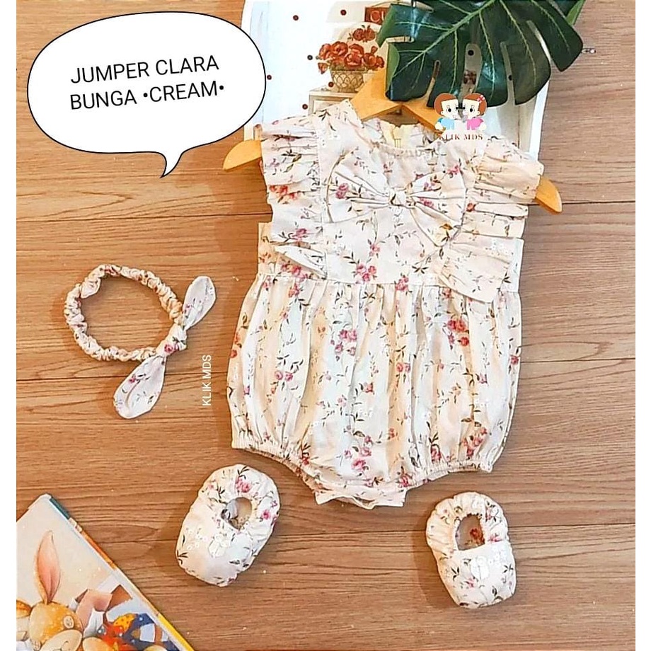 Jumper Anak Bayi Perempuan Motif Clara Bunga Free Sepatu Dan Headband Usia 0-9 Bulan