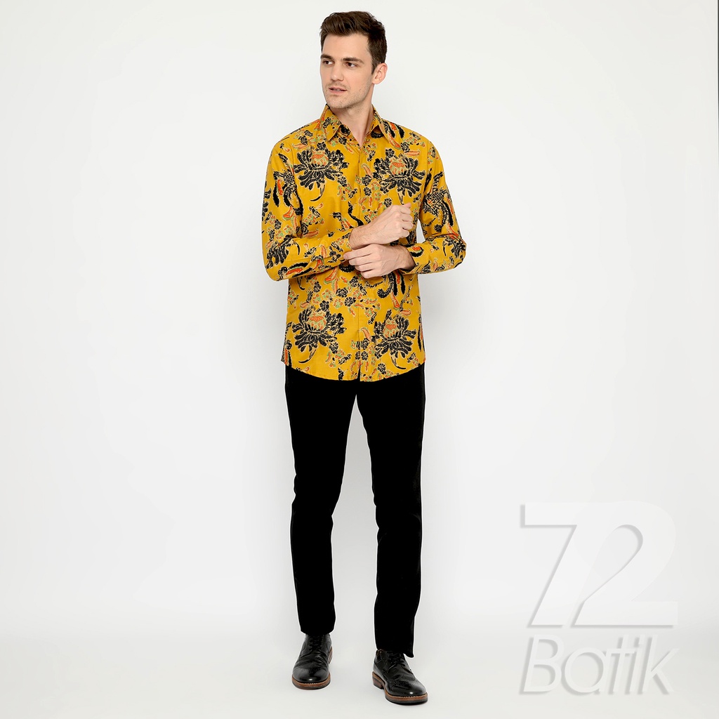 BAJU BATIK PRIA Kemeja Lengan Panjang Slimfit Slim Fit Premium Warna Kuning Hitam Orange 728986 Cap 72 - Baju Kemeja Atasan Pakaian Setelan Batik Pria Cowok Laki Laki Remaja Keluarga Kantor Lengan Panjang Modern Slimfit Slim Fit Premium Kekinian