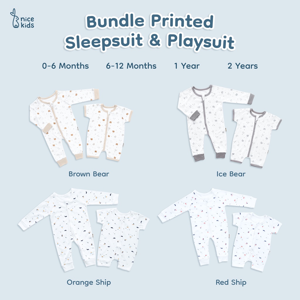 Nice Kids - [2 PCS] Bundle Printed Playsuit &amp; Sleepsuit Baby (Onesie Romper Jumper Motif Lucu Bayi 0-2Tahun)