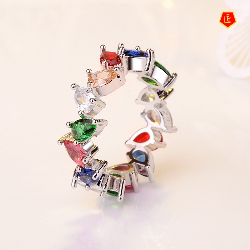 [Ready Stock]Women's Full Diamond Exquisite Luxury Colored Gems Ring