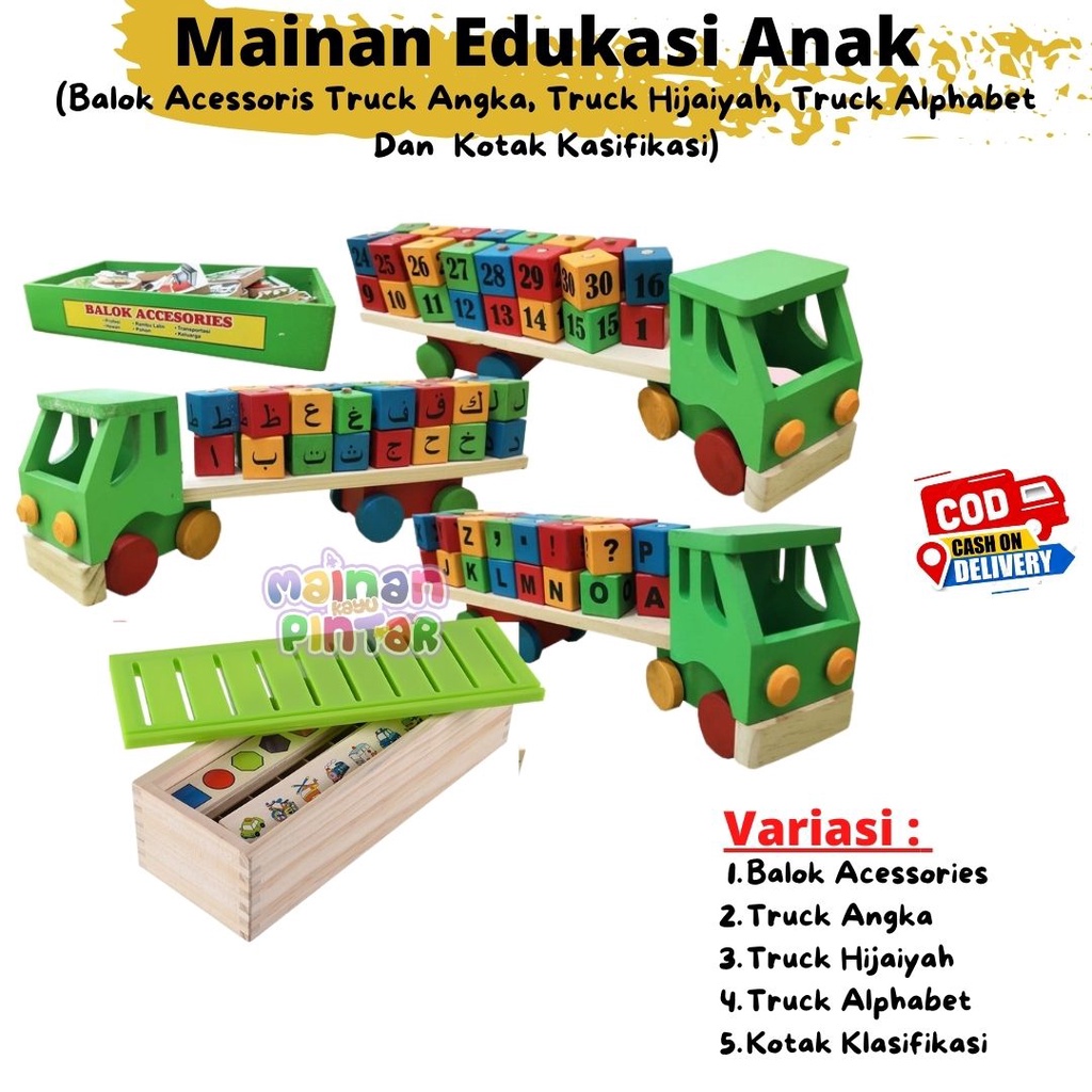 Mainan Edukasi Anak Truck Alphabet / Truck Hijaiyah / Truck Angka / Balok Accesories / Kotak Klasifikasi Bisa COD