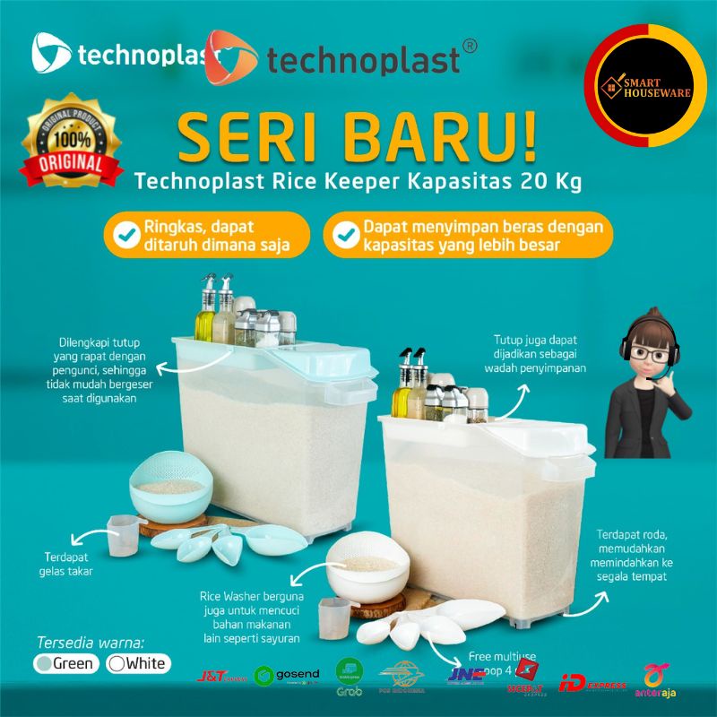 Tempat Beras Technoplast Wadah Dispenser Beras 20kg Bonus Gelas dan Sendok Takar