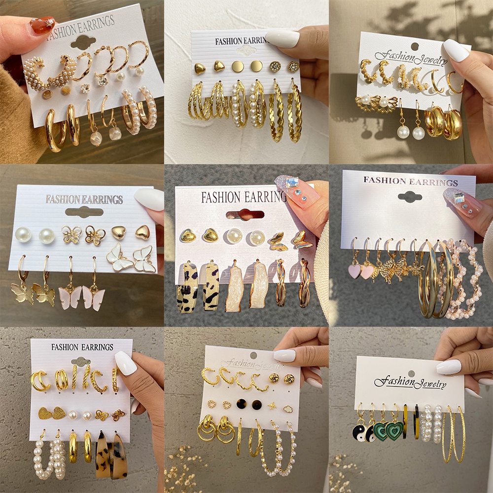 YEEZII Set Anting Stud Hias Liontin Kupu-Kupu Hati Rumbai Mutiara Bahan Resin Gaya Retro Untuk Wanita