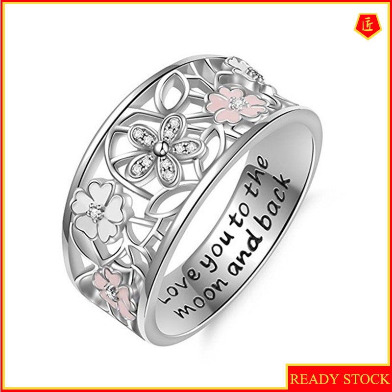 [Ready Stock]Creative Diamond Sakura Ring Engraved Letters Fashion Simple