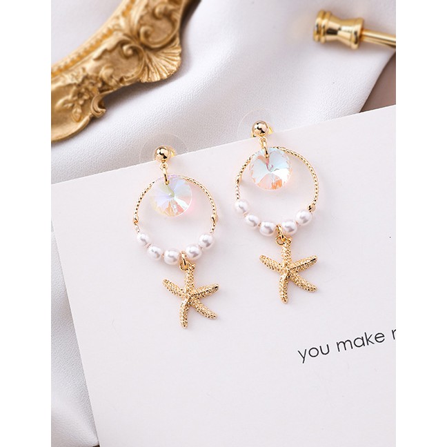 LRC Anting Tusuk Fashion Gold 925 Silver Needle Crystal Pearl Ring Starfish Earrings F54846