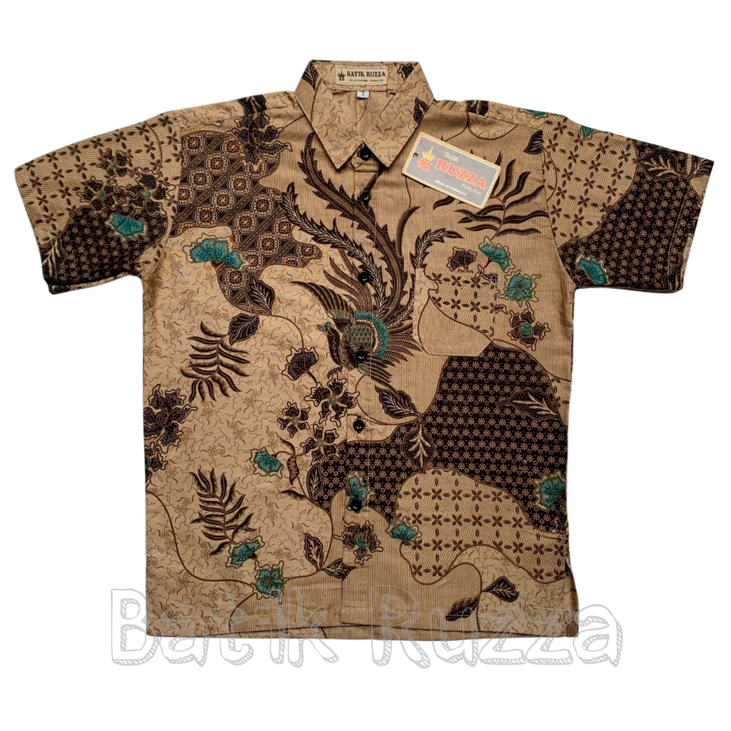 RUZZA Batik Anak Ukuran 0-15 Tahun Kemeja Motif Kembang Langit Hitam Manggar Sogan Cirebon