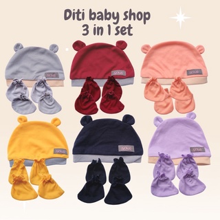 Image of DITI Baby - Set 3 In 1 Mouse Hat / Topi, Mittens Booties / Sarung Tangan Kaki Bayi Polos Premium Lembut
