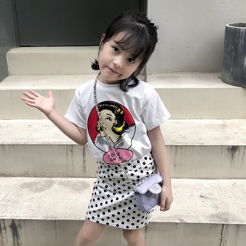 Setelan Kaos T Shirt Katun Korea Anak Perempuan Lengan Pendek Gambar Kartun Rok Polkadot