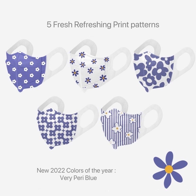 10PCS MASKER DEWASA TEMA SUMMER VIBES MOTIF BUNGA KOREA CANTIK WARNA BIRU ELEKTRIK TALI LEBAR 3D STE