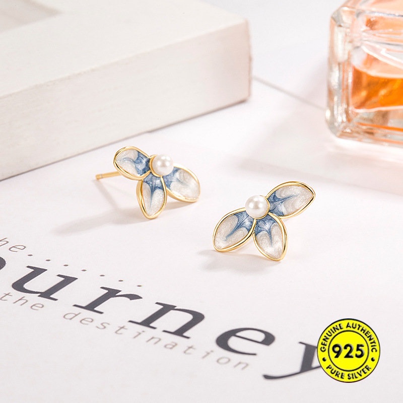 Anting Tusuk Motif Bunga Hias Mutiara Imitasi Warna Biru Muda Untuk Wanita / Musim Panas U928