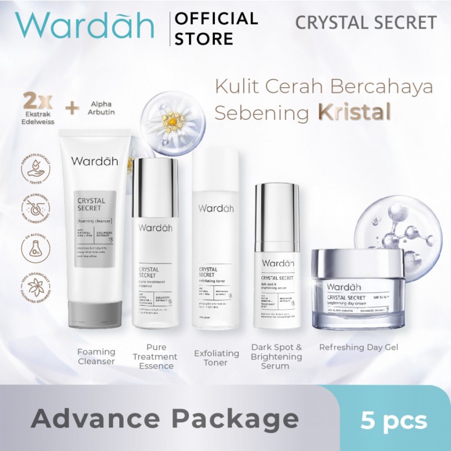 Wardah Crystal Secret Paket (Cleanser sabun+ Essence 50ml+ Exfoliating Toner + Serum +Day 30gram)
