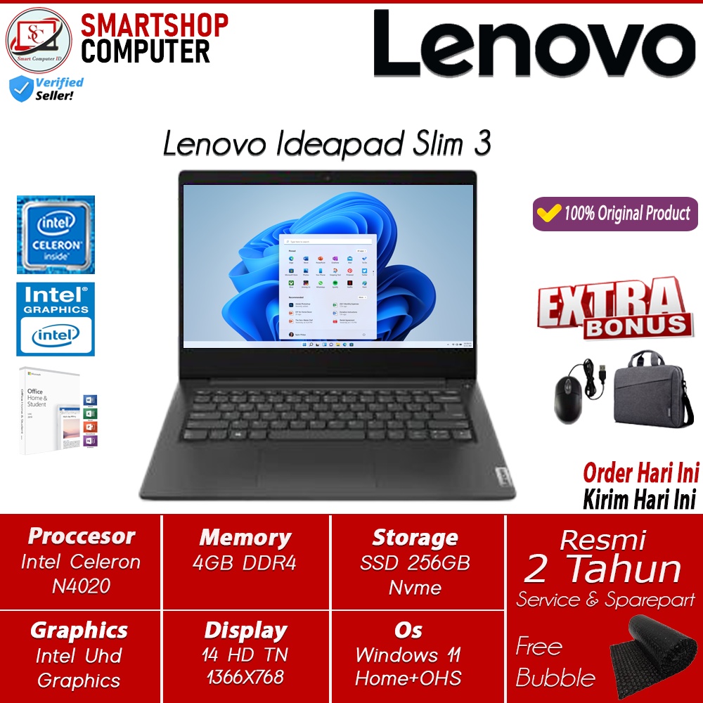 Laptop Baru Lenovo Ideapad Slim 3 Intel N4020 4GB 256GB SSD HD Windows11 OHS