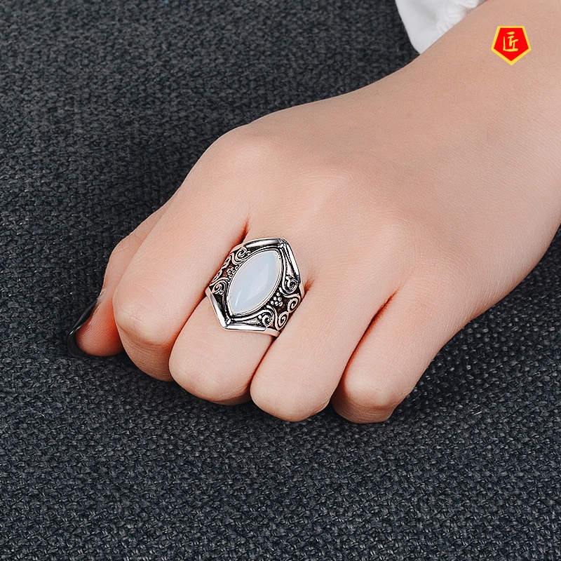 [Ready Stock]Fashion Retro Moonstone Opal Silver Ring Punk Exaggerated