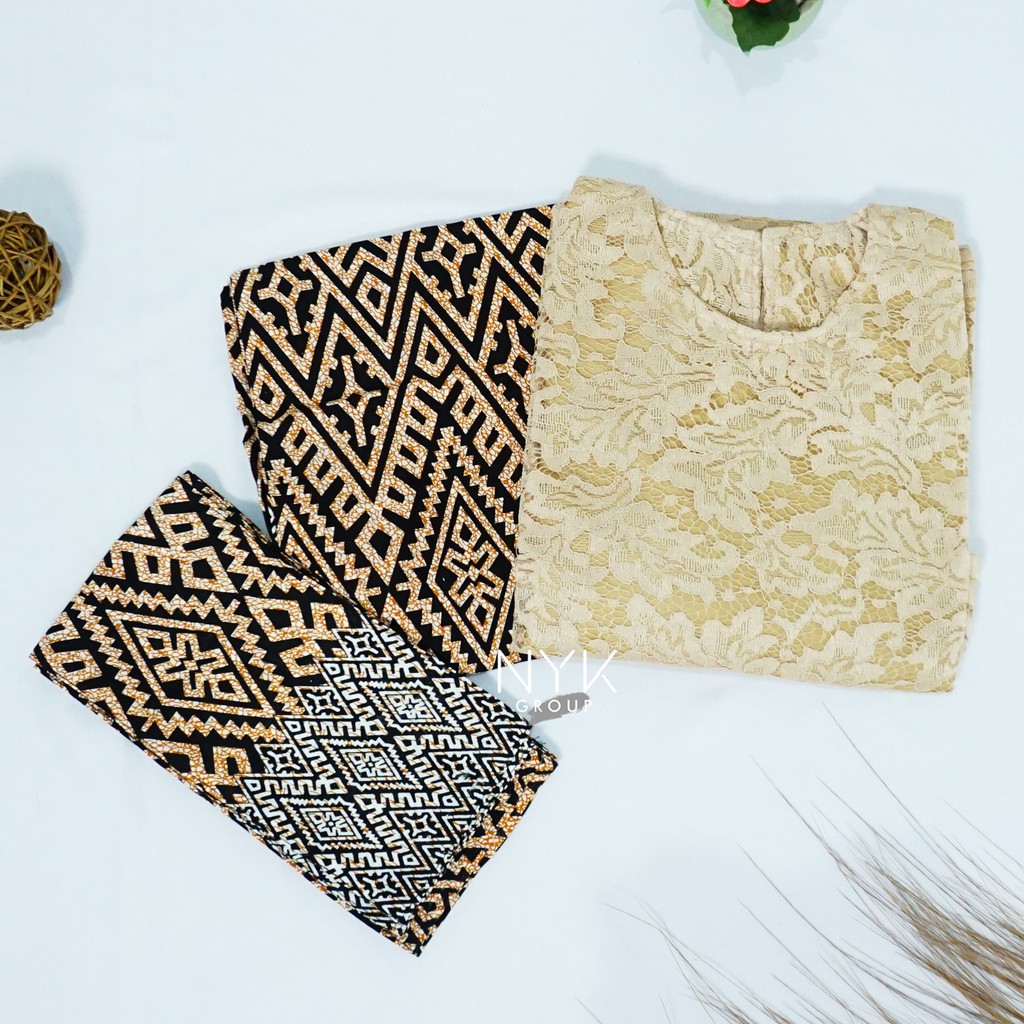 Couple Batik Wajik Lupita Brokat Lengan Panjang . Kebaya Couple Kondangan-CREAM