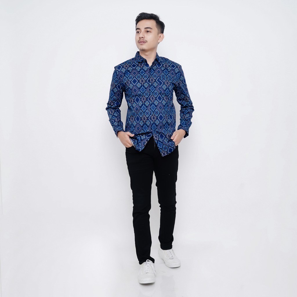 BABEDO KEMEJA BATIK PRIA LENGAN PANJANG MOTIF DIAMOND BIRU PREMIUM HEM BATIK PRIA