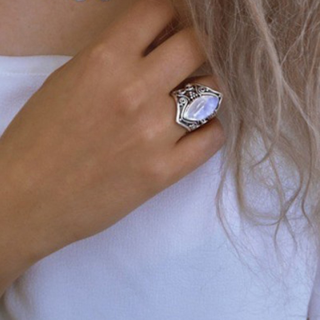 Hu Hu Hu Hu Hu Alat Bantu Pasang Kacamata♡ Cincin Batu Bulan Imitasi Bentuk Oval Besar Gaya Punk Retro Vintage