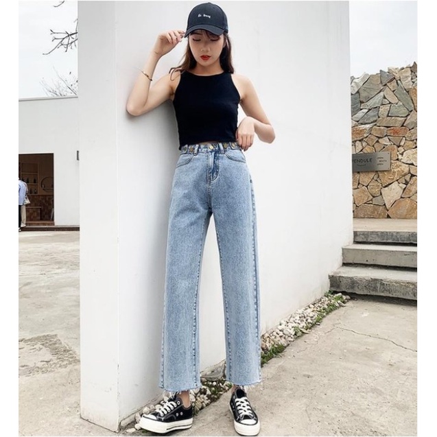 New diimpor fashion celana panjang perempuan high-waist lurus-kaki Premium celana jeans