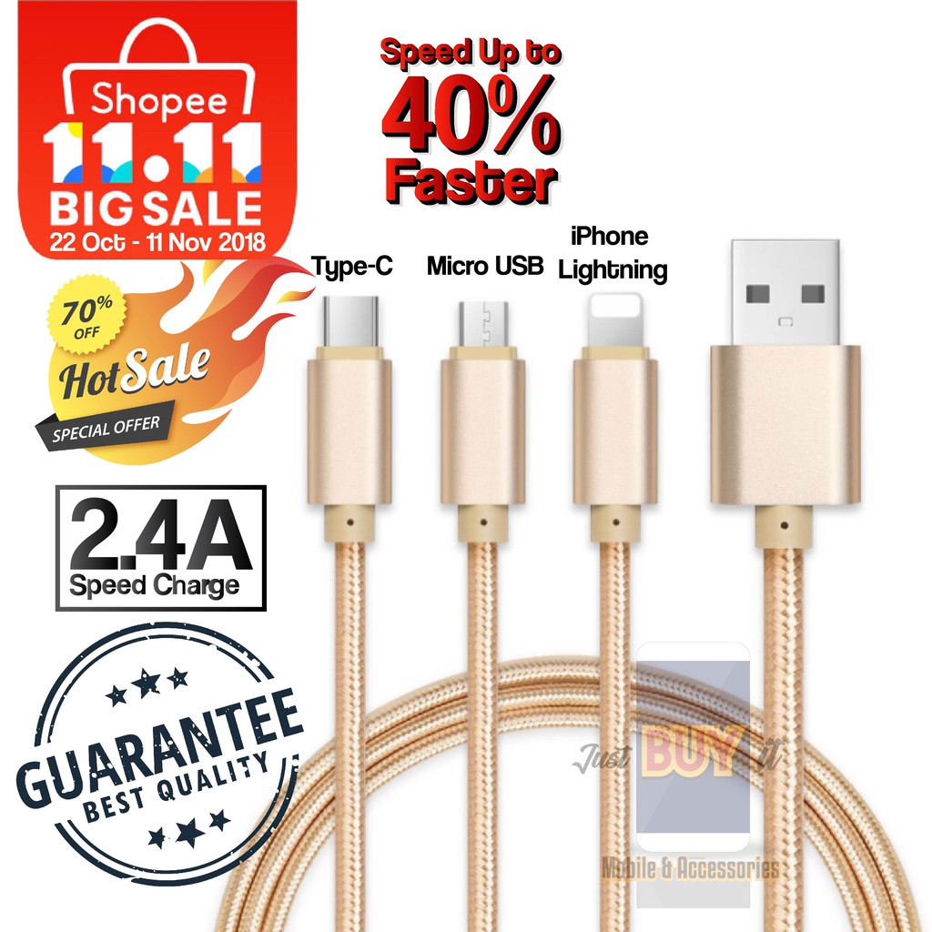 3In1 Kabel Charger USB 2.4A Fast Charging Untuk IPhone Vivo Oppo Xiaomi Huawei