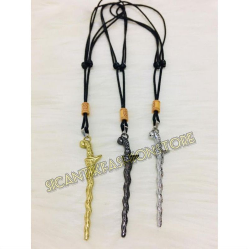 PROMO kalung tali bandul Kris Gold hitam silver Terlaris anti Karat kalung pria liontin Kris Gold