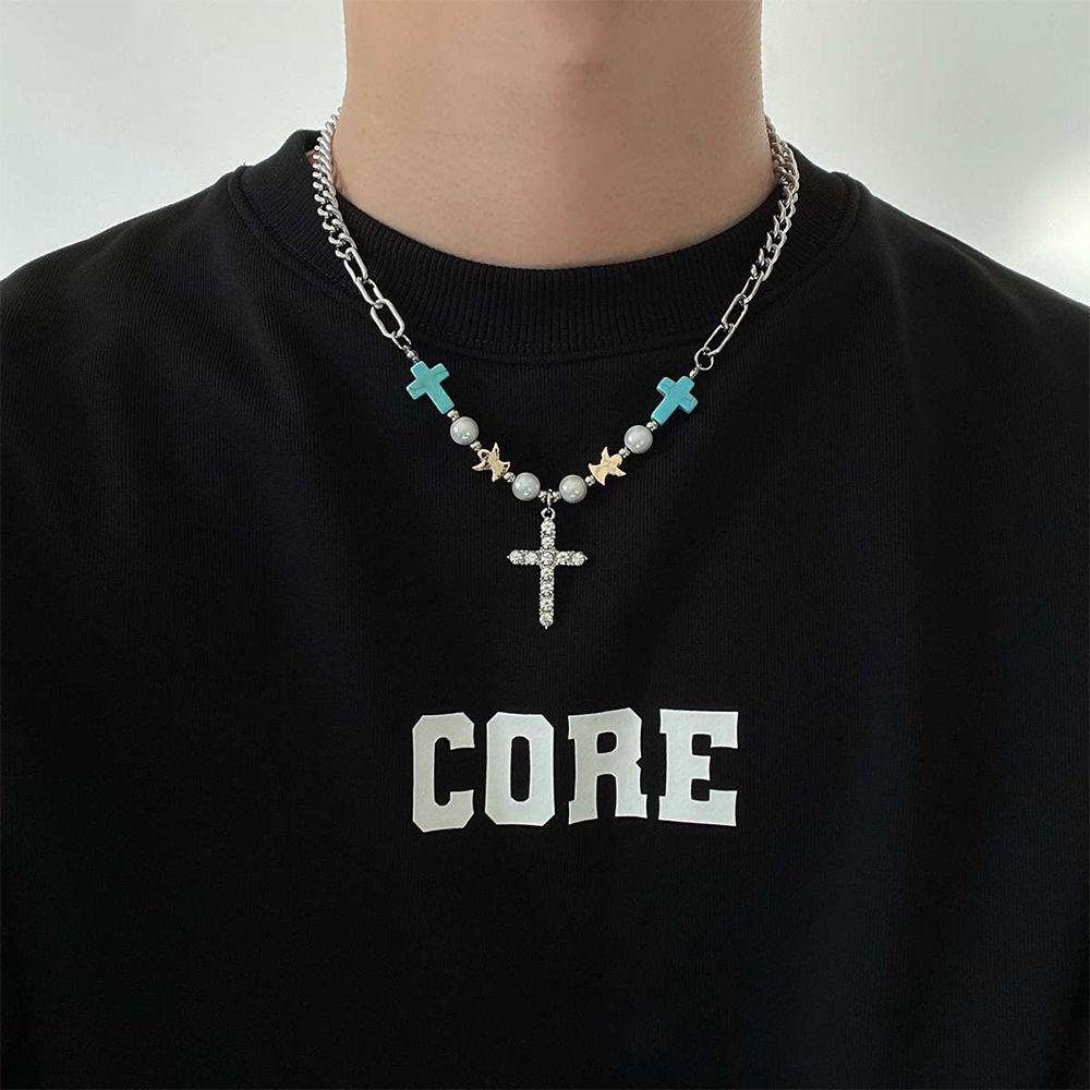 Mxbeauty Kalung Pria Hip-hop Vintage Liontin Salib Fashion Perhiasan Turquoise Beads Titanium Steel Tali Tangan