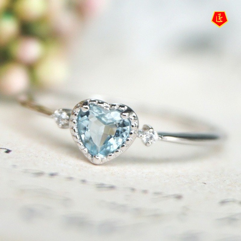 [Ready Stock]Women's Inlaid Navy Blue Topaz Heart-Shaped Ring Simple and Elegant