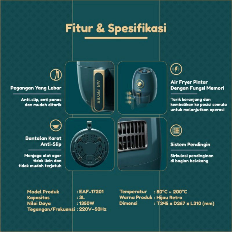 Emily Air Fryer 3 Liter / Alat Goreng Tanpa Minyak EAF-17201