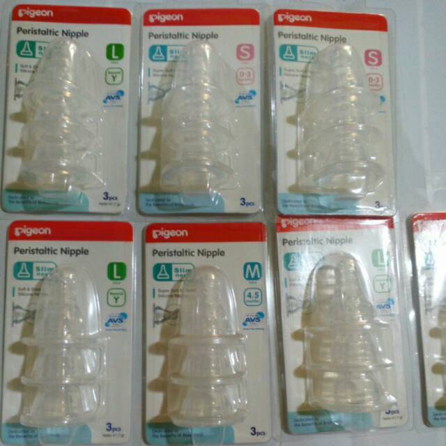 PIGEON DOT STANDAR NECK PERISTALTIK ISI 3 pc, dot peristaltik ukuran S M L, SLIM peristaltic nipple, kemasan blister