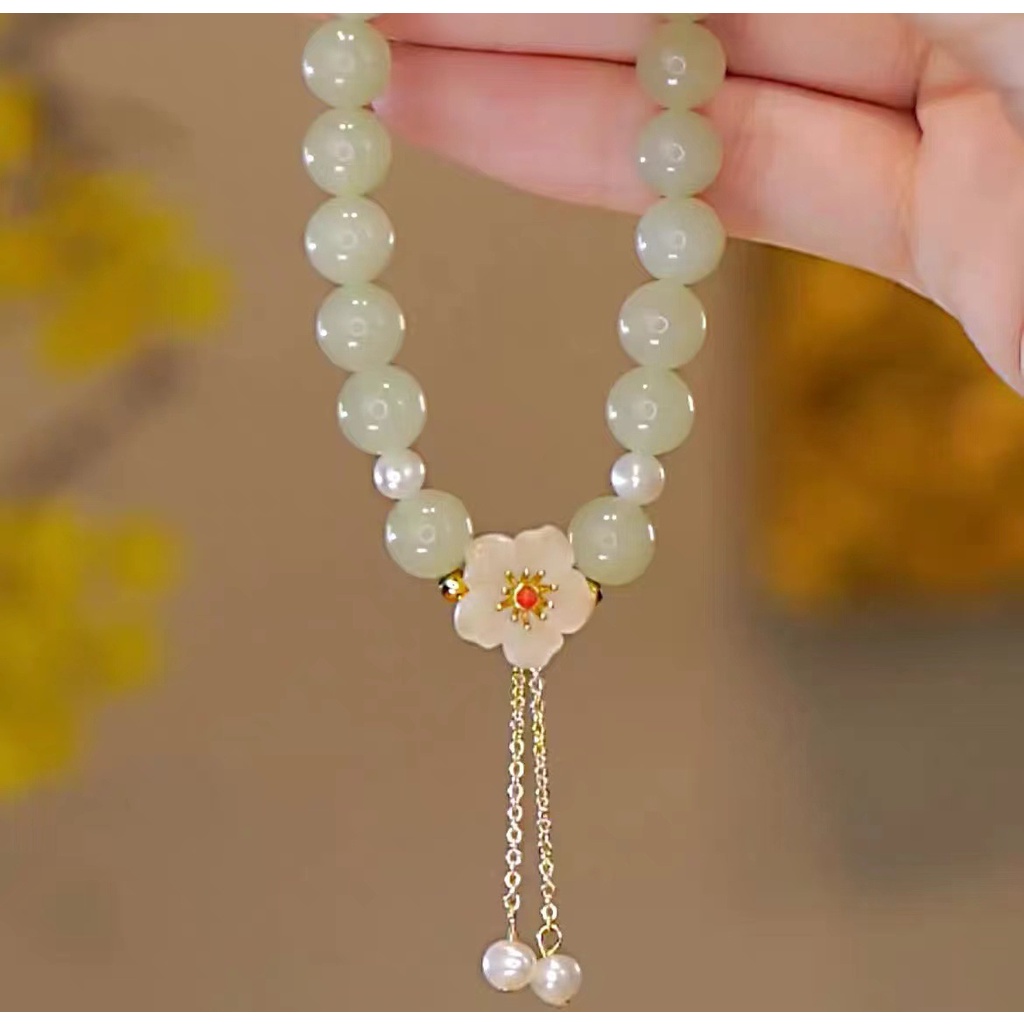 Gelang Tangan Manik-Manik Batu Jade Hetian Natural Aksen Buah Ceri Untuk Wanita ACKER