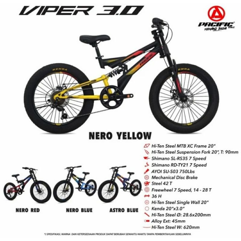 Sepeda gunung MTB PACIFIC VIPER 3.0 20 inch ban jumbo rem cakram