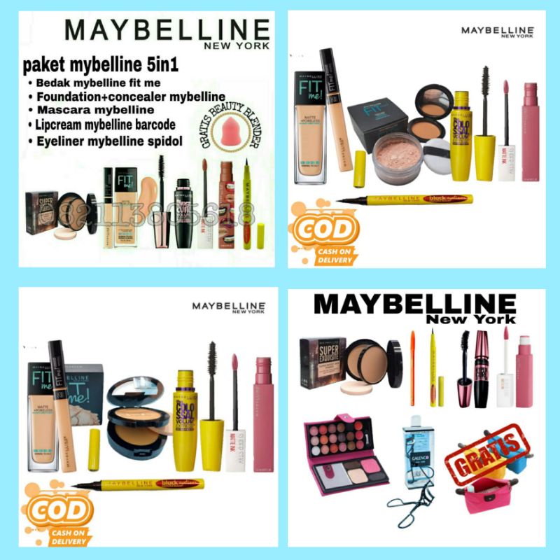 PAKET MAKE UP MAYBELLINE 5IN1 FREE SPONS TELUR [BDk HTM.MASKARA.EYELiNER.FOUNDATION+CONSELER.LIPCREAM]