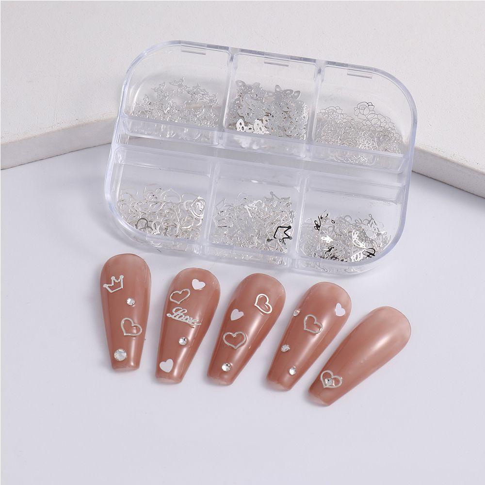 AUGUSTINA Agustina Rivet Aksesoris Kuku Perak 6kisi 3D Perhiasan Kuku Hati Bunga Kupu-Kupu Manicure Nail Art Dekorasi