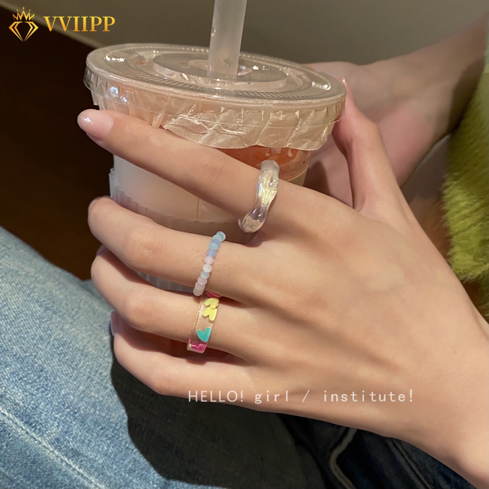 3pcs / Set Cincin Manik-Manik Hati Bahan Resin Gaya Korea Untuk Wanita