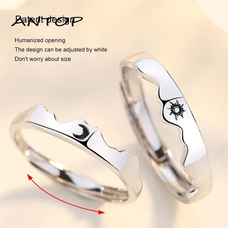 Cincin Model Terbuka Adjustable Desain Matahari Bulan Bintang Hati Warna Silver Untuk Pasangan