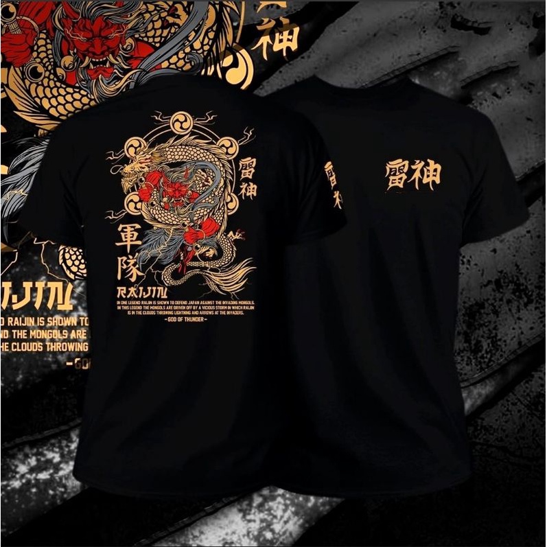 Baju Kaos T-shirt Pria gold dragon Hitam Terbaru Distro LenganPanjang Motif Sablon Bergambar  kaos Samurai Jepang