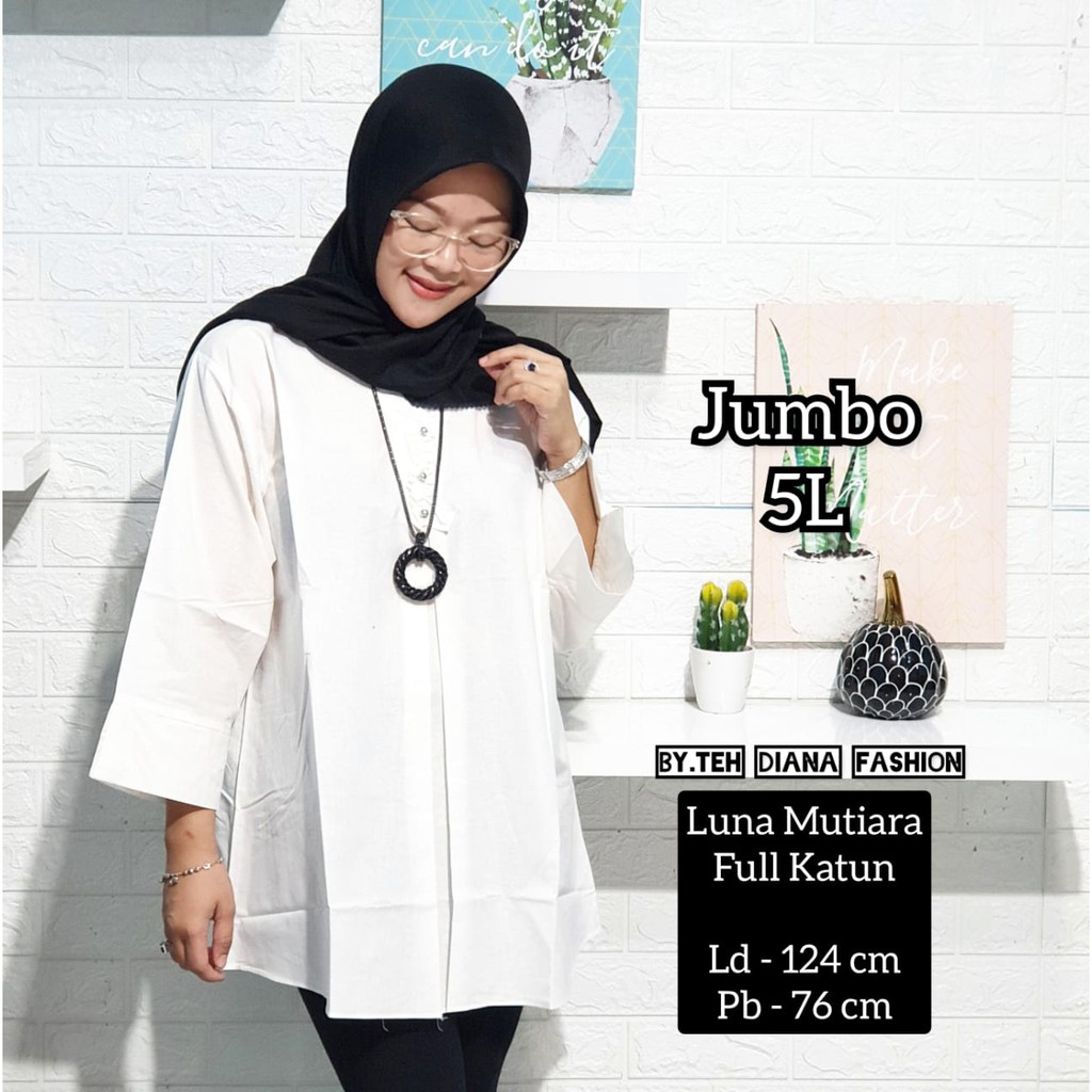 Baju Atasan Wanita Jumbo / Blouse Wanita Jumbo / Atasan Wanita Jumbo Model Kiki Tangan Kerut Full Katun Ld 122-Putih Tulang