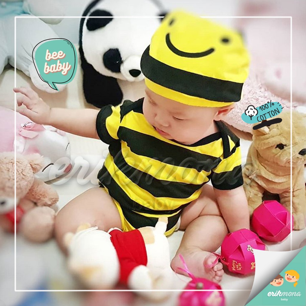Ermon Baby - Jumper Bayi Laki Laki Perempuan Jumper Baby Cowok Cewek Lucu Karakter Lebah Bee + Topi Usia 0 - 12 Bulan