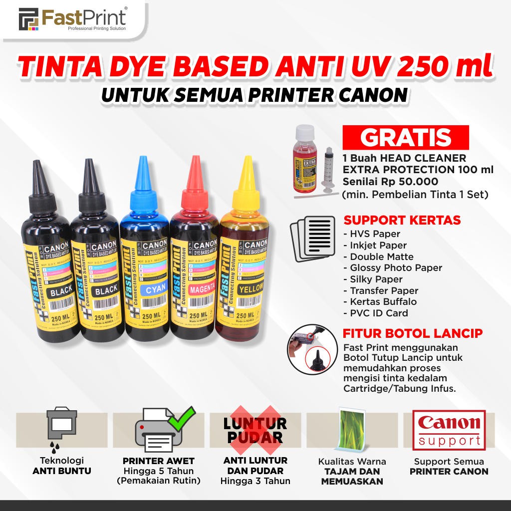 Tinta Dye Based Anti UV Canon 1 Set - 5 Warna - 250 ML