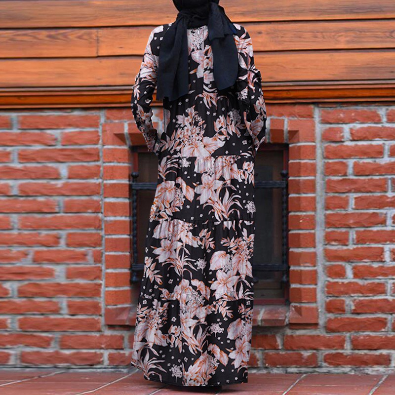 ZANZEA Women Long Sleeve Printed Vintage Back Zipper Muslim Maxi Dress