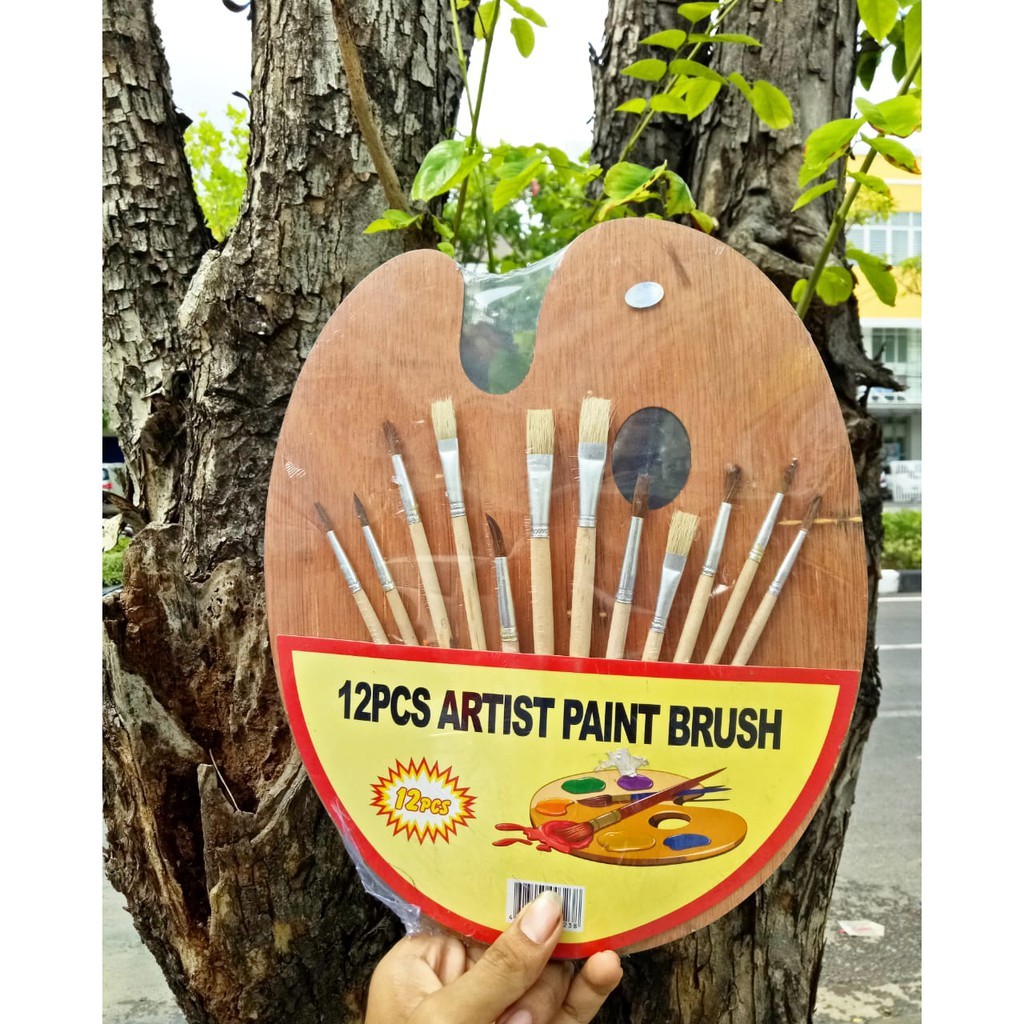 

WOODEN PALETTE 25X30CM PALET KAYU SET DENGAN 12 PCS ARTIST PAINT BRUSH