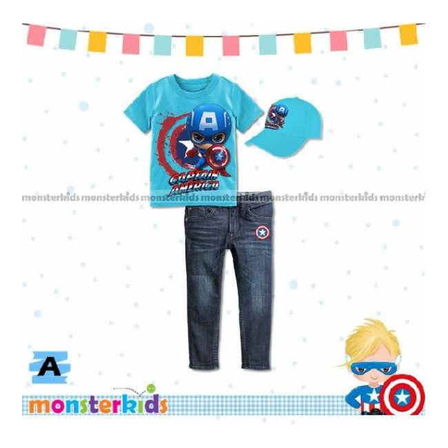 Setelan Anak Laki-laki Monster Kids 8 A Captain America Dengan Topi | Setelan Anak Branded Murah