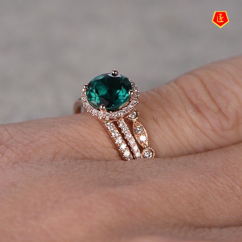 [Ready Stock]14K Rose Gold Micro-Inlaid Emerald Three-Piece Ring Set Elegant Graceful