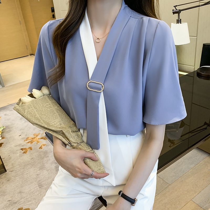 COD New 2022 Fashion Korean Summer Solid Pink Blue Green White Casual Work Short Sleeve Shirts Women Blouse Tops Blus Wanita Lengan Pendek