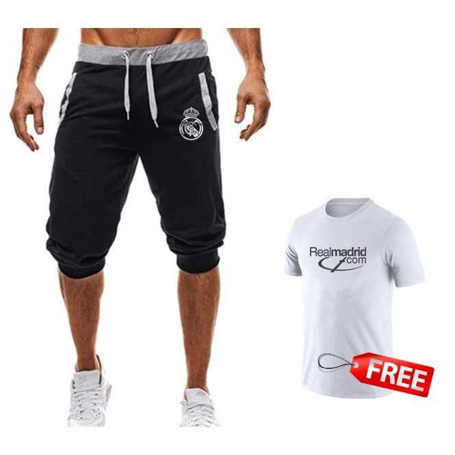 Joger Pendek REAL MADRID Free T Shirt M L XL XXL XXXL XXXXL XXXXXL - M, Hitam