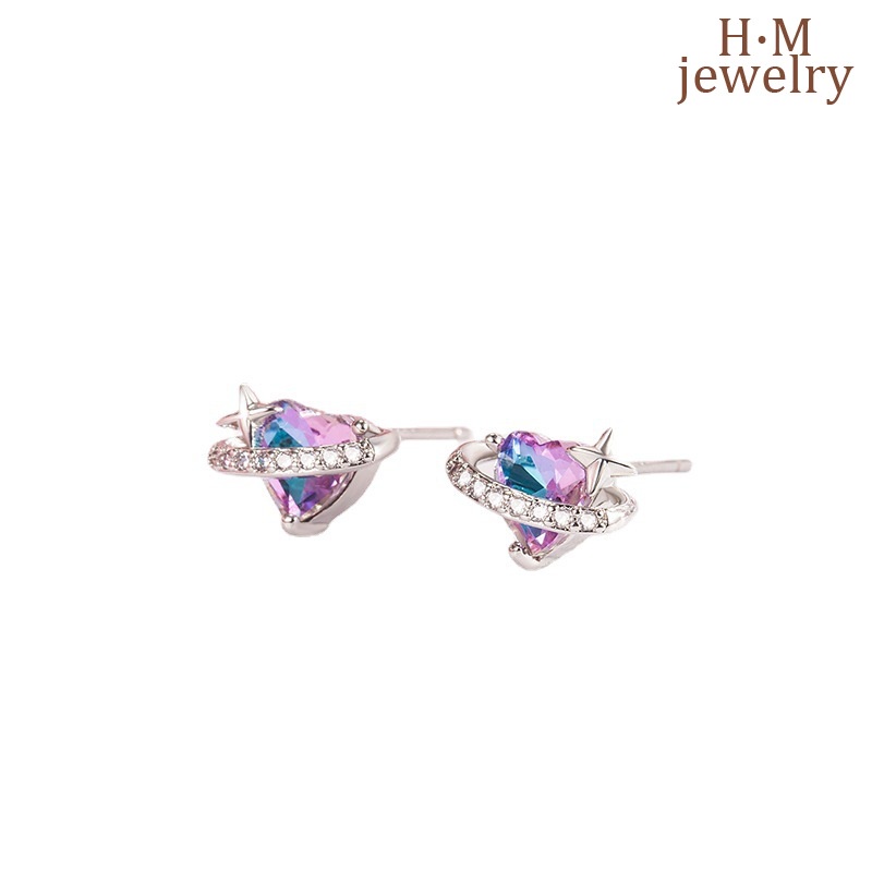 Anting Tusuk Asimetris Bentuk Hati Saturnus Hias Berlian Imitasi Untuk Wanita 2022
